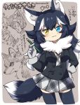  1girl animal_ears blue_eyes blue_hair blush coat eromame fur_collar gloves grey_background grey_wolf_(kemono_friends) hand_on_hip heterochromia holding holding_pencil kemono_friends kemonomimi_mode multicolored_hair necktie pencil plaid plaid_necktie plaid_skirt skirt solo tail thigh-highs translation_request two-tone_hair white_hair wolf_ears wolf_tail yellow_eyes 