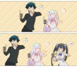  1boy 2girls 2koma :d ^_^ black_hair blue_eyes bouncing_breasts bow breast_envy breasts brushing_teeth cleavage cleavage_cutout closed_eyes comic cosplay covered_navel crossover cup danmachi_brush dress dungeon_ni_deai_wo_motomeru_no_wa_machigatteiru_darou_ka eromanga_sensei gradient_hair hair_bow heart hestia_(danmachi) hestia_(danmachi)_(cosplay) highres izumi_masamune izumi_sagiri long_hair looking_at_another multicolored_hair multiple_girls musical_note open_mouth parody pink_bow pink_hair rei_no_himo siblings silver_hair smile spoken_heart spoken_musical_note toothbrush twintails very_long_hair white_dress xiel 