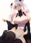  bare_shoulders black breasts brown_eyes detached_sleeves grin long_hair looking_at_viewer navel original sasaoka_gungu sitting smile thigh-highs twintails white_hair 