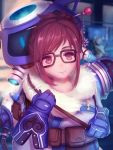  1girl bangs belt belt_pouch black-framed_eyewear blue_gloves brown_eyes brown_hair character_request chinese chinese_commentary closed_mouth coat commentary_request drone feng_yezi fur-trimmed_jacket fur_coat fur_trim glasses gloves hair_bun hair_ornament hair_stick highres jacket looking_at_viewer mei_(overwatch) overwatch parka short_hair smile snowflake_hair_ornament solo swept_bangs upper_body utility_belt winter_clothes winter_coat 