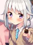  1girl aqua_necktie bangs blush cardigan chocolate close-up collared_shirt dress_shirt feeding hair_flaps hand_up highres looking_at_viewer low_ponytail necktie original ponytail pursed_lips sakuragi_ren shinonome_an shirt silver_hair solo violet_eyes white_shirt 