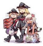 3girls anchor_hair_ornament bismarck_(kantai_collection) blonde_hair blue_eyes box crop_top flower garrison_cap groceries hair_flower hair_ornament hat iron_cross kantai_collection long_hair low_twintails microskirt military military_hat military_uniform mizuno_(okn66) multiple_girls one-piece_swimsuit one-piece_tan peaked_cap prinz_eugen_(kantai_collection) ro-500_(kantai_collection) sailor_collar school_swimsuit skirt swimsuit swimsuit_under_clothes tan tanline thigh-highs twintails uniform 