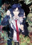  1boy belt black_jacket black_pants blue_eyes blue_hair chaos;child glasses highres jacket looking_at_viewer miyashiro_takuru necktie pants parted_lips red_necktie school_uniform shirt solo standing upper_body white_shirt 