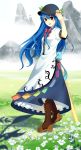 1girl blue_hair boots cross-laced_footwear field flower flower_field full_body garigarigari hand_on_headwear hat hinanawi_tenshi knee_boots lace-up_boots long_hair long_skirt looking_at_viewer mountain red_eyes skirt smile solo standing touhou