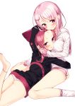  2girls :&gt; absurdres animal_hood anklet arm_around_waist ass barefoot between_breasts blush closed_mouth eyebrows eyebrows_visible_through_hair hair_ornament hand_on_another&#039;s_cheek hand_on_another&#039;s_face head_between_breasts head_tilt highres hood hoodie hug jewelry kneehighs koi_pink-chan leg_up long_hair lying multiple_girls mutual_hug nail_polish necklace no_pants number on_stomach original panties pantyshot pantyshot_(lying) parted_lips pink pink_eyes pink_hair pink_nails sakuragi_ren short_hair simple_background sitting sleeves_past_wrists star_necklace striped striped_panties toenail_polish underwear usui_pink-chan wariza white_background white_legwear x_hair_ornament yuri 