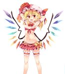  1girl arm_garter armpits arms_behind_head bikini black_bikini black_bikini_bottom blonde_hair blush bow bowtie breasts detached_collar fang flandre_scarlet flower frilled_bikini frills front-tie_top hair_between_eyes hat hat_flower hat_ribbon highres leg_garter looking_at_viewer maturiuta_sorato medium_breasts mob_cap navel open_mouth pointy_ears red_bikini red_bikini_top red_bow red_bowtie red_eyes red_ribbon ribbon side-tie_bikini simple_background smile solo standing stomach swimsuit touhou white_background wings yellow_bow 
