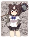 1girl animal_ears bear bear_claws bear_ears bear_paw bear_tail blush brown_bear_(kemono_friends) brown_hair brown_skirt eromame eyebrows_visible_through_hair kemono_friends looking_at_viewer monochrome red_eyes skirt solo tail translation_request 