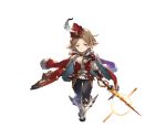  1boy belt blue_eyes boots brown_hair crying feathers fur_trim gloves granblue_fantasy harbin hat jacket_on_shoulders male_focus minaba_hideo official_art solo sword transparent_background vermeil weapon 
