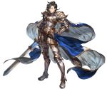  1boy armor armored_boots belt black_hair blue_eyes boots cape full_body gloves granblue_fantasy male_focus mercutio_(granblue_fantasy) minaba_hideo official_art solo sword transparent_background weapon 