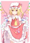  1girl 6u_(eternal_land) ascot asymmetrical_hair bangs blonde_hair blush commentary_request cowboy_shot crystal demon_wings flandre_scarlet flower frilled_shirt_collar frilled_sleeves frills gloves hat hat_ribbon long_skirt looking_at_viewer mob_cap one_side_up petals petticoat pink_background puffy_short_sleeves puffy_sleeves red_eyes red_ribbon red_skirt red_vest ribbon shiny shiny_hair short_sleeves simple_background skirt skirt_basket skirt_hold solo standing tareme touhou vest white_gloves white_hat wings 