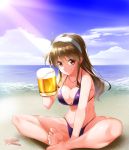  1girl alcohol ashigara_(kantai_collection) bare_arms bare_legs bare_shoulders barefoot beach beer blue_sky blush breasts brown_eyes brown_hair cleavage clouds collarbone day feet foreshortening kantai_collection kasu_kazu light_rays long_hair looking_at_viewer medium_breasts ocean outdoors sand sky solo sunbeam sunlight toes water 