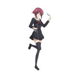  1girl black_dress black_legwear bow bowtie chaos;child collarbone dress full_body holding looking_at_viewer one_leg_raised onoe_serika red_bow red_bowtie red_eyes redhead school_uniform short_dress short_hair_with_long_locks sidelocks simple_background smile solo standing thigh-highs white_background zettai_ryouiki 