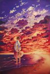  1girl ahoge barefoot black_hair clouds cloudy_sky colored_pencil_(medium) colorful commentary highres hill holding holding_shoes horizon looking_afar nekojarashi_(yuuga) ocean original reflection scenery shoes short_hair sky solo sunset texture traditional_media wading 