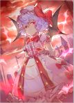  1girl airrabbityan bat_wings bubble_skirt cup cupping_glass drinking_glass dutch_angle embellished_costume hat purple_hair red_eyes red_sky remilia_scarlet short_hair skirt sky solo standing touhou wavy_hair wine_glass wings wrist_cuffs 
