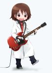  1girl alternate_costume blush brown_eyes brown_hair eyebrows_visible_through_hair guitar highres holding_instrument id_card instrument kill_me_baby labcoat looking_away looking_down necktie okayparium open_mouth oribe_yasuna plectrum red_necktie short_hair smile solo 