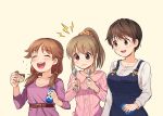  3girls :d belt biscuit blouse blush breasts brown_eyes brown_hair buttons cleavage closed_eyes closed_mouth collarbone crumbs dress eating eyebrows_visible_through_hair eyelashes food furrowed_eyebrows high_ponytail highres holding holding_food hori_yuuko idolmaster idolmaster_cinderella_girls jewelry kamille_(vcx68) katagiri_sanae large_breasts laughing light_brown_hair lightning_bolt looking_at_another low_twintails medium_breasts medium_hair milk_carton multiple_girls necklace oikawa_shizuku open_mouth overalls pink_blouse ponytail purple_dress scrunchie shirt short_hair short_twintails sidelocks simple_background small_breasts smile spiky_hair spork tearing_up teeth twintails upper_body wavy_mouth white_shirt yellow_background yellow_eyes 