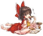  1girl black_eyes book bow bowl brown_hair detached_sleeves eating eyebrows_visible_through_hair eyes_visible_through_hair food frilled_bow frilled_hair_tubes frilled_shirt_collar frilled_skirt frills full_body hair_between_eyes hair_bow hair_tubes hakurei_reimu half_updo hand_up holding holding_food looking_at_viewer loose_socks lying manarou open_mouth red_bow red_skirt red_vest ribbon-trimmed_sleeves ribbon_trim senbei shiny shiny_hair sidelocks simple_background skirt socks solo touhou translated vest wagashi white_background white_legwear white_sleeves wide_sleeves yellow_ascot 