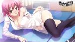  1girl ;d black_legwear bow bra breasts chaos;child cleavage collarbone copyright_name game_cg hair_bow indoors large_breasts lens_flare looking_at_viewer lying off_shoulder official_art on_side one_eye_closed onoe_serika open_mouth open_shrit panties pink_hair red_eyes shirt short_hair_with_long_locks sidelocks smile solo thigh-highs underwear white_bra white_panties white_shirt 