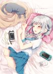 1girl aqua_skirt bangs bed_sheet blanket blush cat cellphone collared_shirt dress_shirt drooling earphones eyebrows_visible_through_hair handheld_game_console highres iphone low_twintails lying on_side open_mouth original phone pillow playstation_portable pleated_skirt polka_dot_pillow sakuragi_ren shinonome_an shirt short_sleeves silver_hair skirt sleeping smartphone smartphone_case smile solo thighs twintails white_shirt 