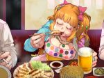  1girl 2boys alcohol bangs beer beer_mug blunt_bangs blush booth bow breasts cheek_bulge chopsticks cigarette cleavage closed_eyes commentary_request cup drinking_glass dumpling earrings eating food food_on_face hair_bow hair_ornament hair_ribbon idolmaster idolmaster_cinderella_girls indoors jewelry jiaozi koutamii large_breasts long_sleeves moroboshi_kirari multicolored multicolored_clothes multicolored_polka_dots multiple_boys necklace open_mouth orange_hair out_of_frame pendant pickle plate plump polka_dot polka_dot_shirt pov_across_table ring shirt star star_hair_ornament table twintails 