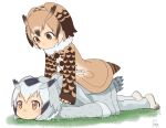  &gt;:| 2girls :| closed_mouth eurasian_eagle_owl_(kemono_friends) full_body grass kemono_friends looking_at_another looking_away looking_down lying multiple_girls northern_white-faced_owl_(kemono_friends) on_stomach outdoors satsuyo white_background 