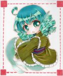  1girl blue_eyes blue_hair chibi chino_ramu drill_hair green_kimono head_fins japanese_clothes kimono marker_(medium) mermaid millipen_(medium) monster_girl obi sash shikishi solo tail tail_hug touhou traditional_media wakasagihime 