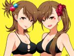  :p bikini breast_press breasts brown_eyes brown_hair earrings facial_mark futami_ami futami_mami highres idolmaster jewelry looking_at_viewer looking_to_the_side ram_(ramlabo) scrunchie side_ponytail skindentation smile swimsuit symmetrical_docking tongue tongue_out yellow_background 