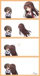  2girls 4koma akagi_(kantai_collection) bangs blush brown_eyes brown_hair comic ehoumaki eyebrows_visible_through_hair food food_in_mouth hair_between_eyes highres japanese_clothes jitome kaga_(kantai_collection) kantai_collection long_hair looking_at_another makizushi mouth_hold multiple_girls muneate nogi_takayoshi parted_lips sharing_food side_ponytail sushi upper_body 