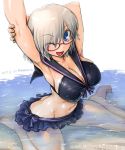  1girl ;d amania_orz armpits arms_up bangs bare_arms bare_legs bare_shoulders barefoot bikini black_bikini blue_eyes blush breasts character_request cleavage copyright_request dated frilled_bikini frills groin large_breasts navel one_eye_closed open_mouth partially_submerged red-framed_eyewear short_hair silver_hair sitting smile solo stomach stretch swimsuit twitter_username wariza 