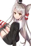  &gt;:| 1girl amatsukaze_(kantai_collection) dress garter_straps grey_hair hair_tubes hat highres kantai_collection long_hair long_sleeves looking_at_viewer looking_back mini_hat sailor_collar sailor_dress simple_background sitting solo striped striped_legwear thigh-highs two_side_up white_background yellow_eyes zhi_zhi/zu_zu 