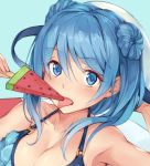  1girl arm_behind_head bikini blue_background blue_bikini blue_eyes blue_hair blush breasts cleavage close-up collarbone double_bun eating food frilled_bikini frills fumikiri hat innertube kantai_collection large_breasts licking long_hair looking_at_viewer lying on_back open_mouth popsicle sailor_hat simple_background solo swimsuit urakaze_(kantai_collection) watermelon_bar white_hat 
