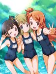  3girls black_hair blue_eyes blue_swimsuit brown_eyes brown_hair covered_navel hair_bobbles hair_ornament idolmaster idolmaster_million_live! long_hair looking_at_viewer mercy_rabbit multiple_girls nakatani_iku name_tag one_eye_closed one_side_up oogami_tamaki open_mouth orange_hair school_swimsuit short_hair side_ponytail suou_momoko swimsuit v 