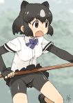  &gt;:o 1girl :o animal_ears ankle_boots bear_ears bear_paw_hammer bear_tail bike_shorts black_boots black_footwear black_gloves black_hair black_skirt blue_ribbon boots brown_bear_(kemono_friends) brown_eyes collared_shirt commentary dot_nose elbow_gloves eyebrows_visible_through_hair eyelashes fang fingerless_gloves fingernails gloves grey_hair groin holding holding_weapon kemono_friends leg_lift looking_away multicolored_hair neck_ribbon open_mouth outdoors pleated_skirt ribbon sanpaku satsuyo shiny shiny_clothes shiny_hair shirt short_hair short_sleeves shorts_under_skirt signature skirt skirt_lift solo tail tareme weapon white_shirt wing_collar 