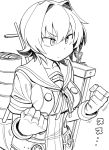  1girl clenched_hands fingerless_gloves gloves kantai_collection kinu_(kantai_collection) mizuno_(okn66) monochrome school_uniform serafuku short_hair smokestack solo 