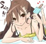  1girl brown_eyes brown_hair disgaea english food iwasi-r kazamatsuri_fuuka long_hair lying makai_senki_disgaea_4 on_stomach popsicle twintails 