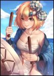  1girl bandage bare_shoulders black_border blonde_hair blue_sky border bow bracer breasts budget_sarashi checkered_bow cleavage closed_mouth collarbone day djeeta_(granblue_fantasy) drum_master_(granblue_fantasy) drumsticks fundoshi granblue_fantasy hachimaki hair_between_eyes hair_bow happi headband holding horizon japanese_clothes lips long_sleeves looking_at_viewer medium_breasts navel nejiri_hachimaki open_clothes outdoors pink_lips rico_(game00985) sarashi short_hair sky smile solo stomach tareme water wide_sleeves 