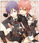  2boys alternate_hair_color armor black_cat black_gloves black_legwear cat checkered checkered_background gloves green_eyes hituki_(ynk) holster japanese_armor kneehighs male_focus military military_uniform multiple_boys necktie open_mouth paw_print purple_hair redhead shinano_toushirou shorts sitting smile sode thigh_holster touken_ranbu uniform violet_eyes yagen_toushirou 