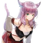  1girl animal_ears bibiko breasts cleavage detached_sleeves facial_mark final_fantasy final_fantasy_xiv green_eyes large_breasts leaning_forward light_smile long_hair looking_at_viewer miniskirt miqo&#039;te pink_hair red_skirt signature skirt solo tail white_background 