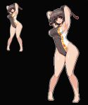  1girl alternate_hairstyle armpits arms_up bangs bare_arms bare_legs barefoot black_background black_hair breasts closed_mouth commentary_request covered_navel eyebrows_visible_through_hair full_body groin large_breasts looking_at_viewer multiple_views one-piece_swimsuit pixel_art ponytail red_eyes shameimaru_aya simple_background smile standing swimsuit takorin touhou 