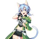  1girl :d animal_ears black_ribbon black_shorts blue_eyes blue_hair bow breastplate cat_ears cat_tail contrapposto cowboy_shot detached_sleeves hair_bow hair_ribbon hand_in_hair idol midriff navel open_mouth ribbon shinon_(sao-alo) short_hair_with_long_locks short_shorts shorts sidelocks smile solo standing stomach sword_art_online tail transparent_background 