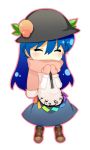  1girl ^_^ blue_hair boots chibi closed_eyes dress garigarigari gradient_hair happy hat hinanawi_tenshi long_hair lowres mittens multicolored_hair red_eyes scarf smile solo standing touhou 
