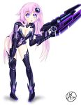  blue_eyes blush bodysuit breasts cleavage cosplay covered_navel d-pad full_body gloves hair_ornament helvetica_5tandard highres huge_weapon kami_jigen_game_neptune_v leotard long_hair looking_at_viewer medium_breasts navel nepgear neptune_(series) open_mouth pink_hair power_symbol purple_heart purple_heart_(cosplay) shiny shiny_hair shiny_skin sword symbol-shaped_pupils weapon 