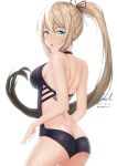  1girl ass backless_outfit bare_arms bare_back bare_shoulders black_ribbon black_swimsuit blonde_hair blue_eyes blush breasts butt_crack closers cowboy_shot from_behind hair_ribbon harpy_(closers) highres large_breasts long_hair looking_at_viewer looking_back one-piece_swimsuit parted_lips ribbon solo swimsuit unel1211 very_long_hair 