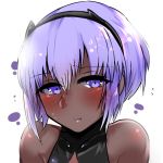  1girl :t assassin_(fate/prototype_fragments) bangs bare_shoulders blush breasts close-up dark_skin face fate/prototype fate/prototype:_fragments_of_blue_and_silver fate_(series) hairband looking_at_viewer navel pout purple_hair short_hair solo takasaki_aneki violet_eyes 