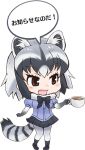  1girl :d animal_ears arm_at_side artist_request black_footwear black_gloves black_hair black_legwear black_ribbon black_shoes black_skirt blue_shirt blush brown_eyes chibi clenched_hand common_raccoon_(kemono_friends) cup dot_nose drink extra_ears eyebrows_visible_through_hair eyelashes fang full_body fur_collar gloves gradient_legwear grey_gloves grey_hair grey_legwear holding holding_cup kemono_friends loafers looking_to_the_side lowres multicolored multicolored_clothes multicolored_gloves multicolored_hair multicolored_legwear neck_ribbon open_mouth pantyhose pigeon-toed pleated_skirt promotional_art puffy_short_sleeves puffy_sleeves raccoon_ears raccoon_tail ribbon shirt shoes short_hair short_sleeves skirt smile socks socks_over_pantyhose solo speech_bubble standing striped_tail tail teacup translated transparent_background tsurime white_legwear wrists_extended 
