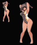  1girl alternate_hairstyle armpits arms_up bangs bare_arms bare_legs barefoot black_background black_hair breasts closed_mouth commentary_request covered_navel eyebrows_visible_through_hair full_body groin large_breasts looking_at_viewer multiple_views one-piece_swimsuit pixel_art ponytail red_eyes shameimaru_aya simple_background smile standing swimsuit takorin tan touhou 