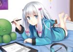  1girl barefoot bedroom blue_eyes bow drawing eromanga_sensei hair_bow headphones holding indoors izumi_sagiri jacket lying makadamixa on_stomach pink_bow silver_hair solo stuffed_animal stuffed_octopus stuffed_toy stylus tablet 