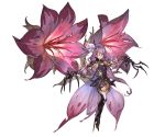  1boy boots brown_eyes cape claw_(weapon) fili_(granblue_fantasy) flower full_body gloves granblue_fantasy hair_ornament high_heel_boots high_heels leaf long_hair minaba_hideo official_art petals purple_hair solo transparent_background trap weapon 