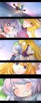  2girls ^_^ blonde_hair blue_eyes bow cirno clenched_hands closed_eyes comic commentary_request gap grin hammer_(sunset_beach) hat long_hair mob_cap multiple_girls open_mouth outstretched_arms short_hair silent_comic sitting smile sunset touhou violet_eyes wings yakumo_yukari 