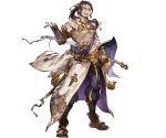  1boy abs bare_shoulders beard belt boots brown_eyes brown_hair facial_hair full_body gloves granblue_fantasy jin_(granblue_fantasy) katana long_hair male_focus minaba_hideo official_art open_mouth ponytail scar shirtless solo sword teeth transparent_background weapon 